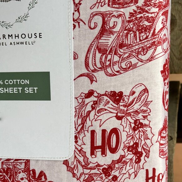 THE FARMHOUSE BY RACHEL ASHWELL Santa Christmas Cotton King Size Sheet Set - Red - Picture 2 of 6